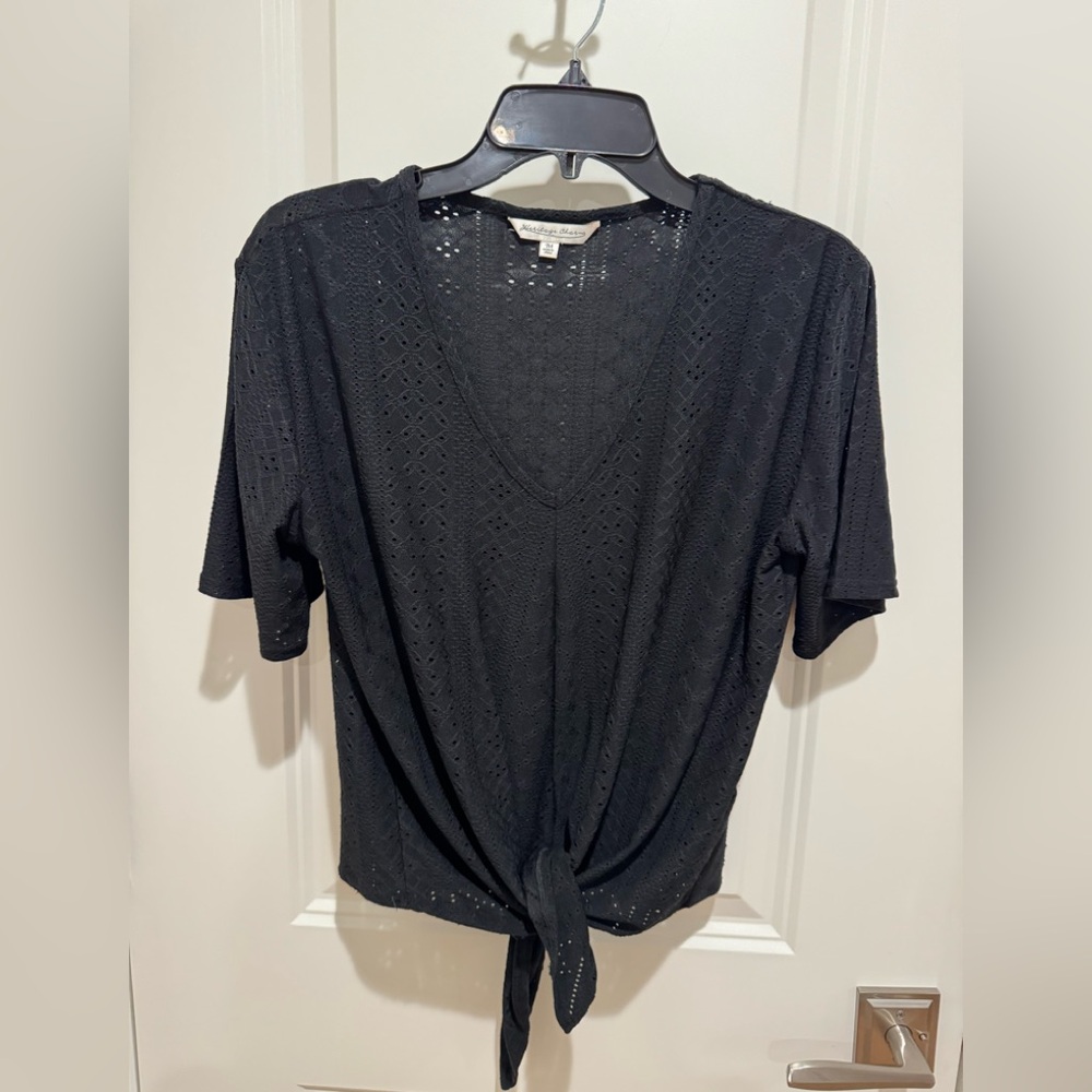 Heritage Charm Black Eyelet V-Neck Tie-Front Top